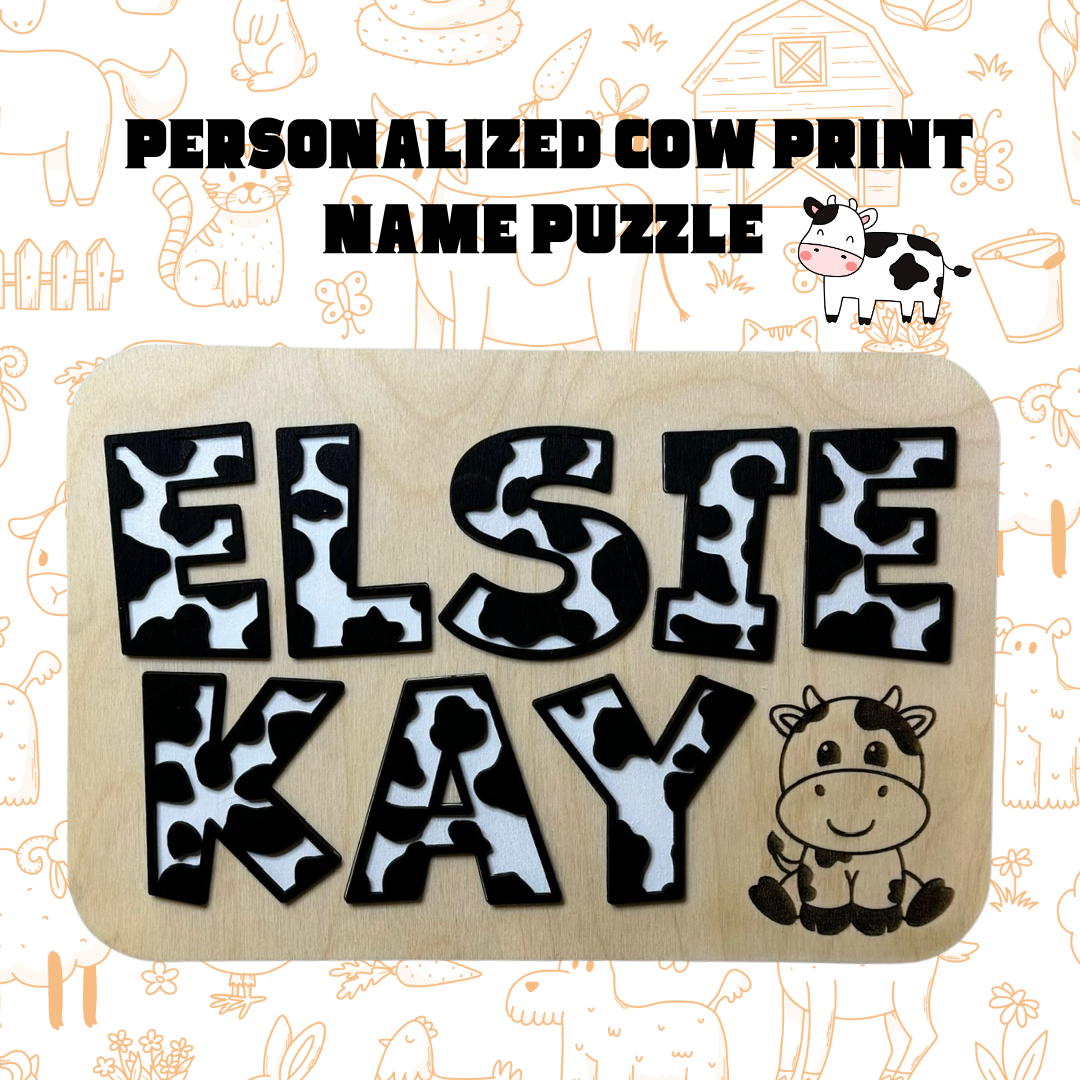 Personalized Cow Print Name Puzzle β Custom Wooden Name Puzzle with 3D Letters & Engraved Cow Design β Farm Theme Baby Gift