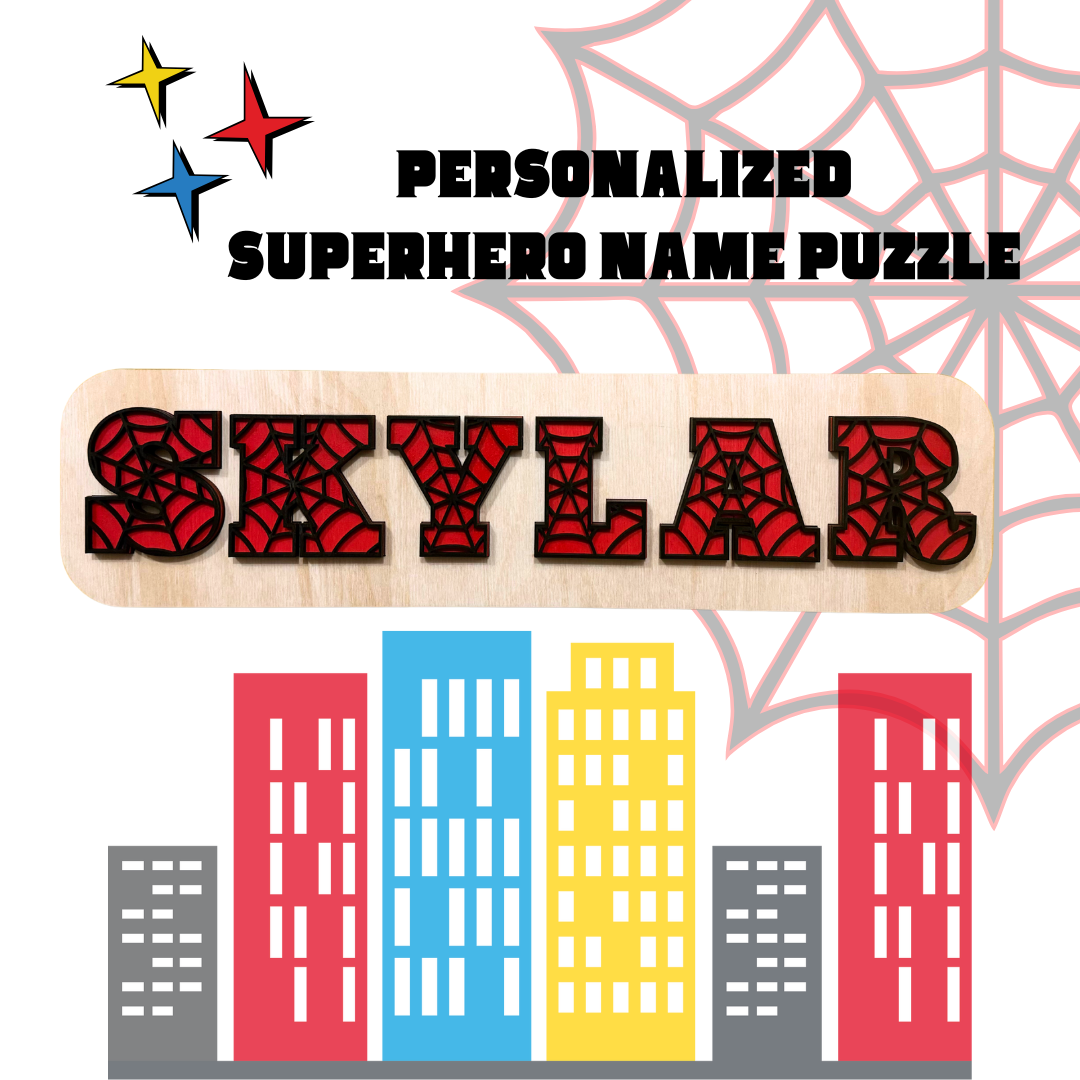 Personalized Superhero Name Puzzle β Custom 3D Wooden Name Puzzle with Spiderman Theme β Engraved Kids Gift & Nursery Decor