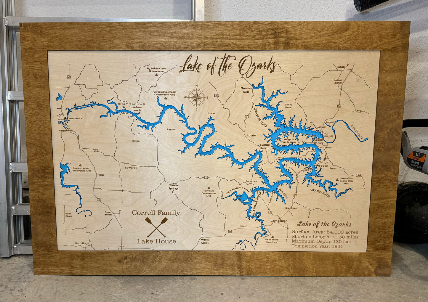 Custom Lake of the Ozarks Coordinates Sign – Personalized Engraved Wooden Wall Art with Family Name & GPS Location – Lakehouse Décor Gift