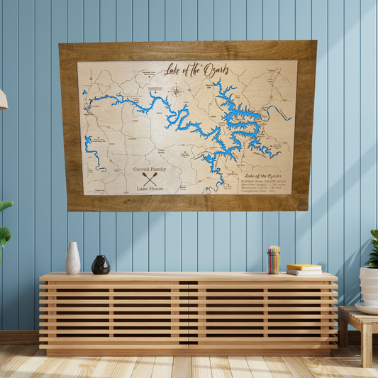 Custom Lake of the Ozarks Coordinates Sign – Personalized Engraved Wooden Wall Art with Family Name & GPS Location – Lakehouse Décor Gift